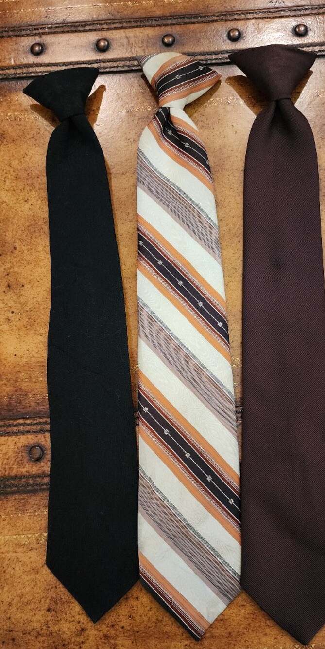 3pc Vintage 70s Men’s Clip On Tie Lot Botany 500 Brown Black Striped Retro